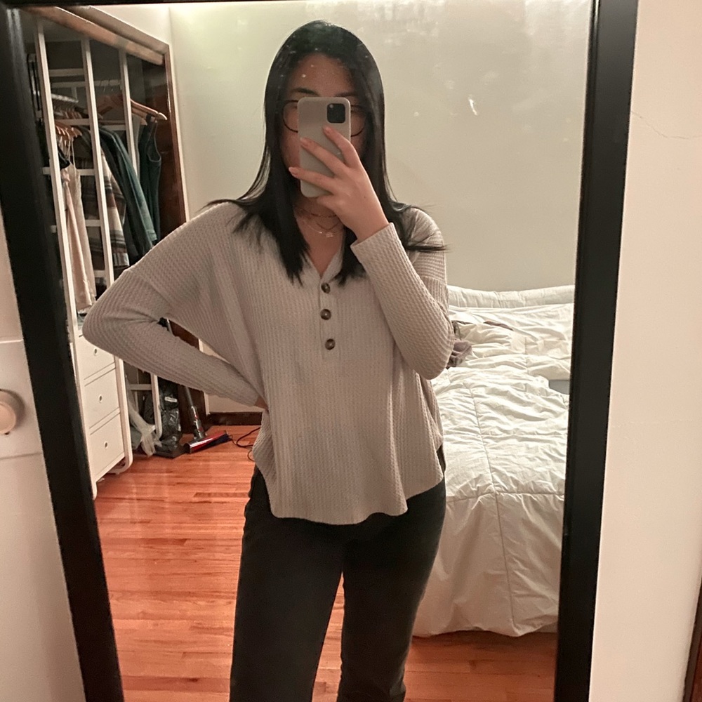 buttoned, beige, waffle knit, long sleeve shirt